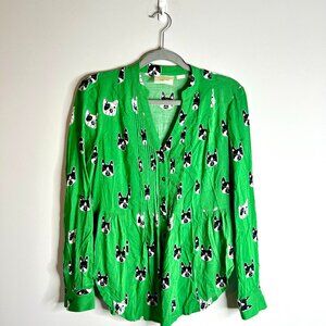 Maeve by Anthropologie French Bulldog Novelty Print Rayon Popover Blouse Sz 4